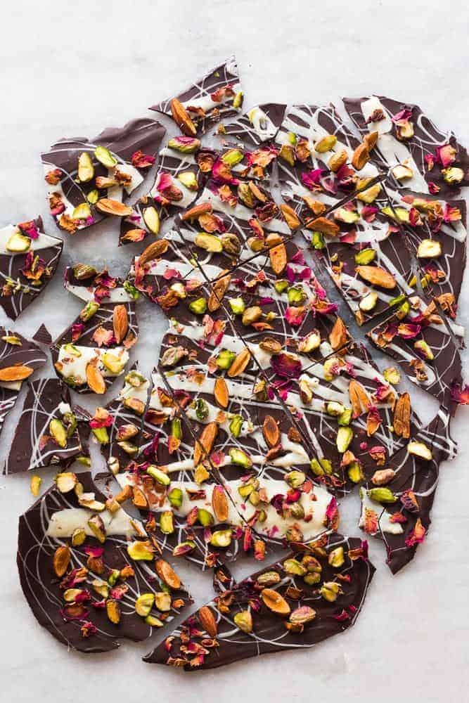 5 Ingredient White and Dark Chocolate Rose Pistachio Bark