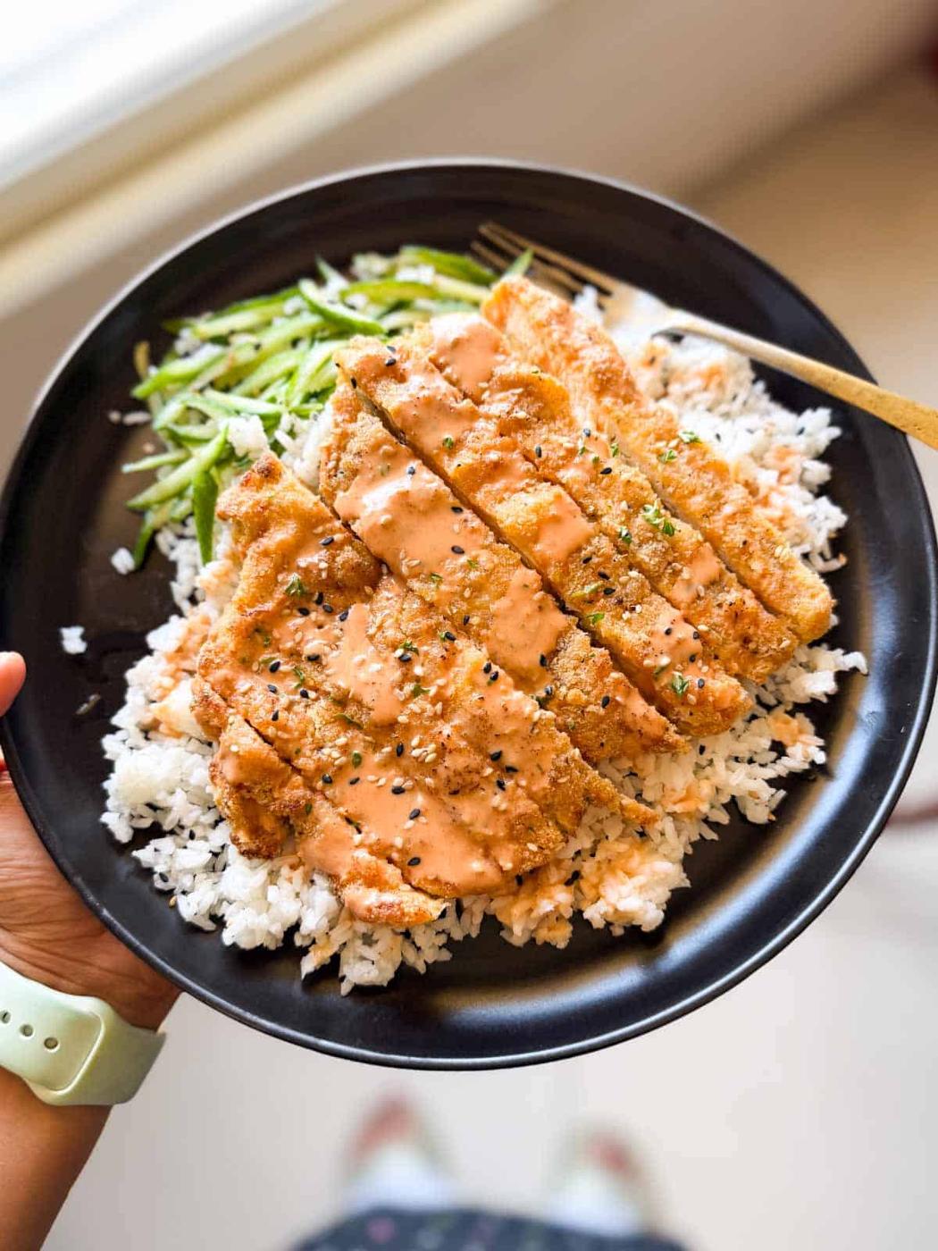 chicken katsu rice bowl served with accompaniments
