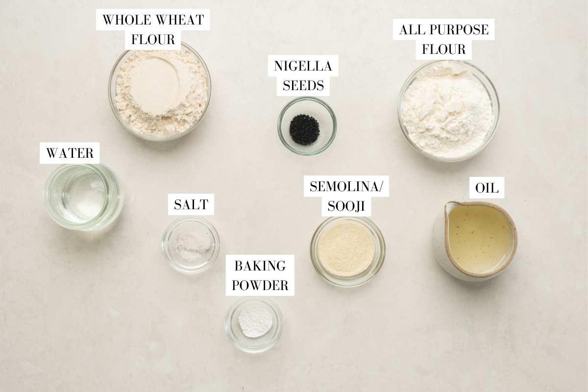 Picture of all the ingredients for air fryer papdi with text to identify them easily
