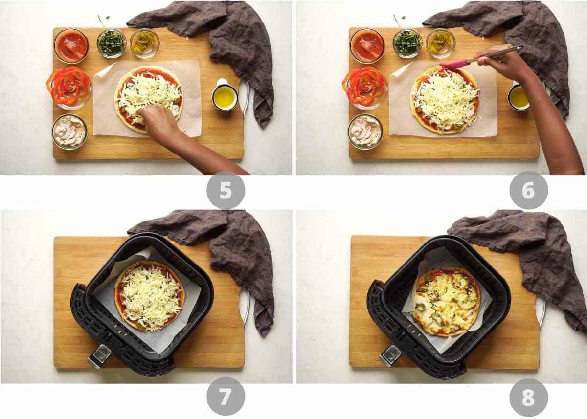 Step by step picture collage showing how to make air fryer baked pizza