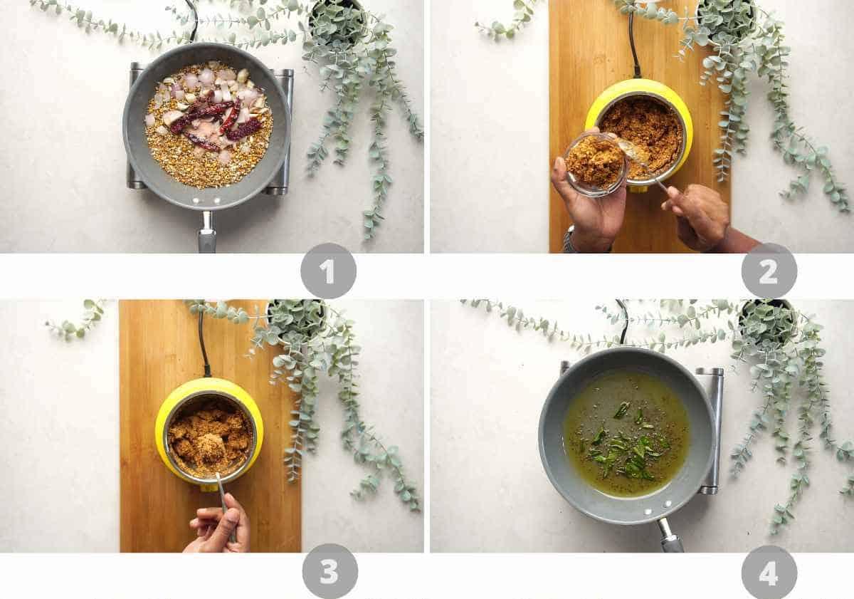 Step by step picture collage showing how to make stuffed brinjal