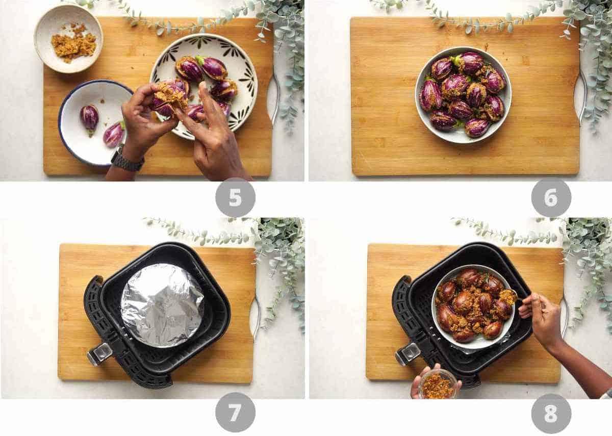 Step by step picture collage showing how to make stuffed brinjal