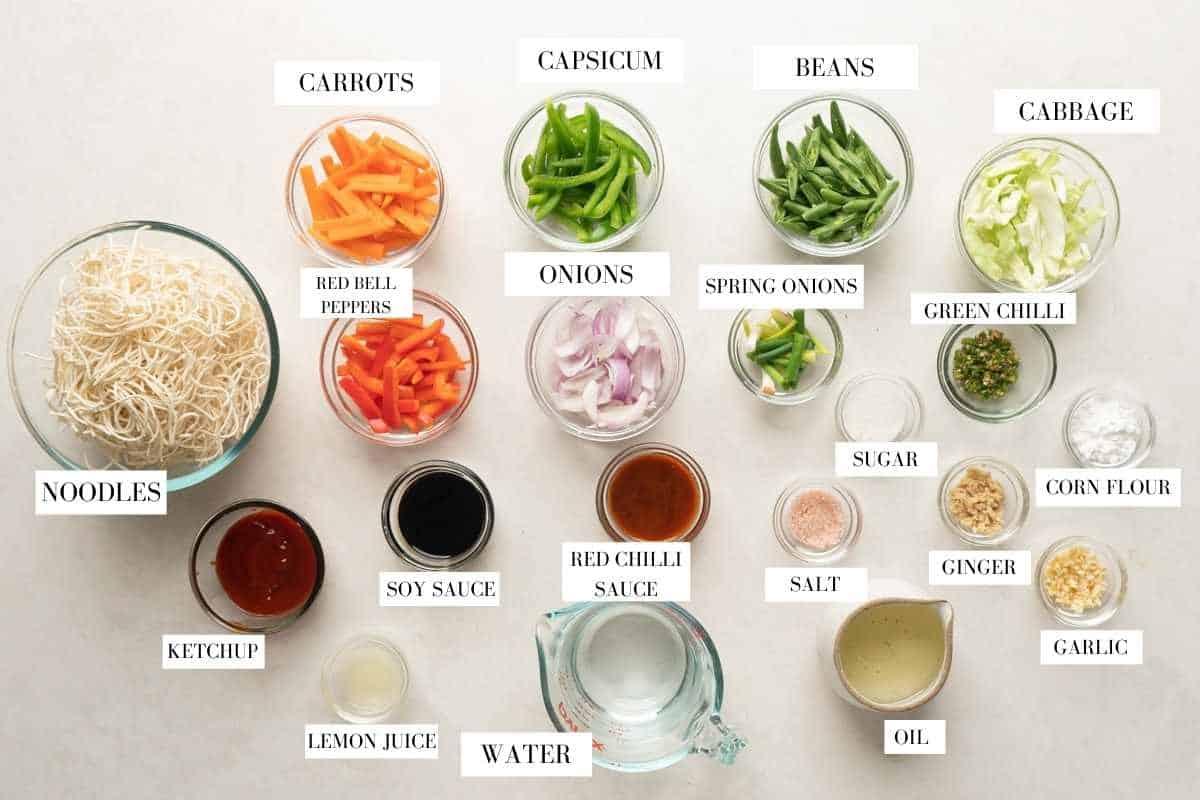 Picture of ingredients for American Chopsuey with text to identify them