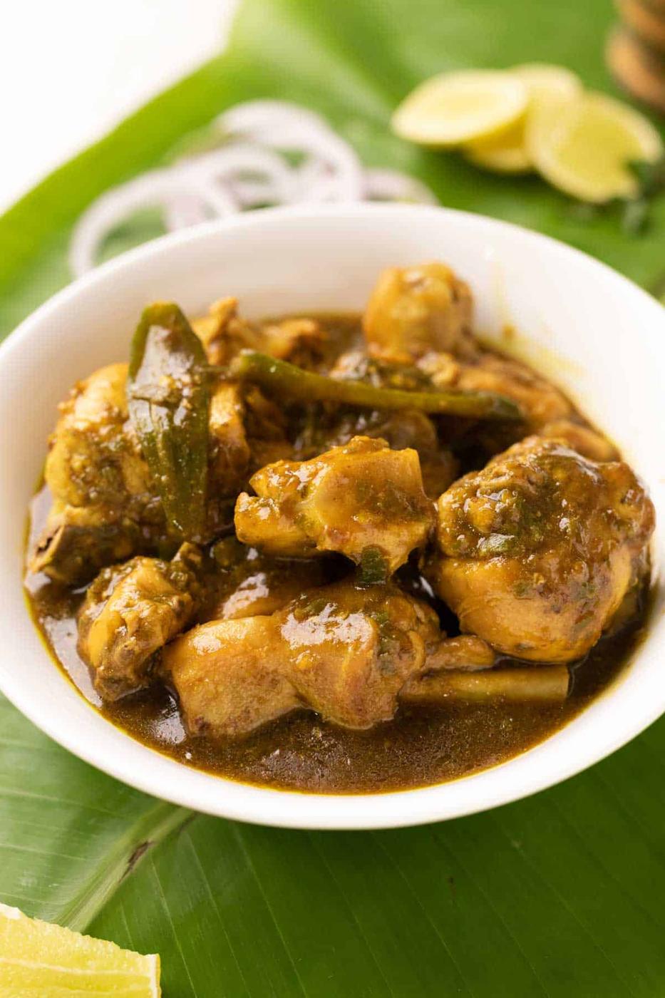 shot of andhra chilli chicken in a white bowl
