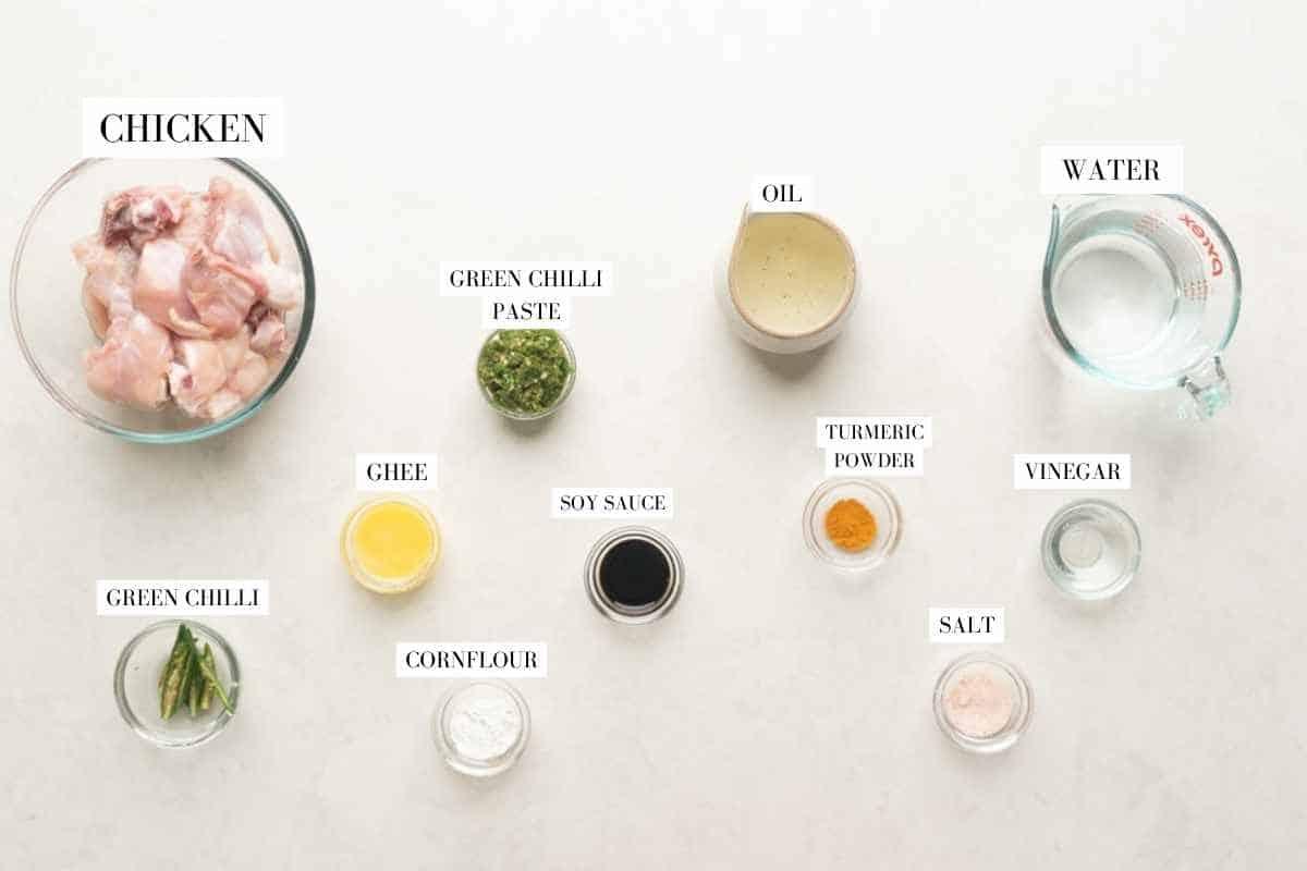 Picture of all the ingredients fo andhra chilli chicken with text to identify them