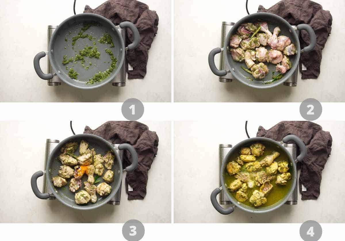 Step by step picture collage showing how to make andhra chilli chicken