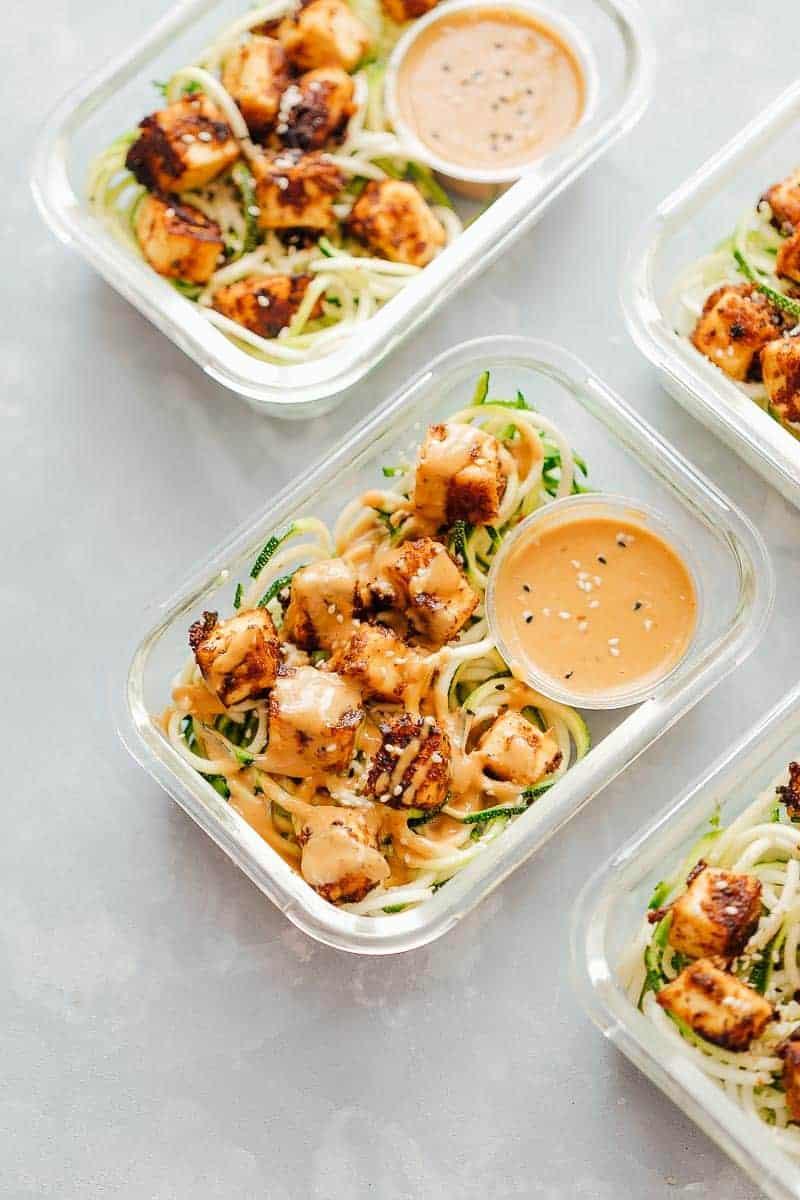 Crispy Sesame Tofu with Zucchini Noodles (Vegetarian Meal Prep)
