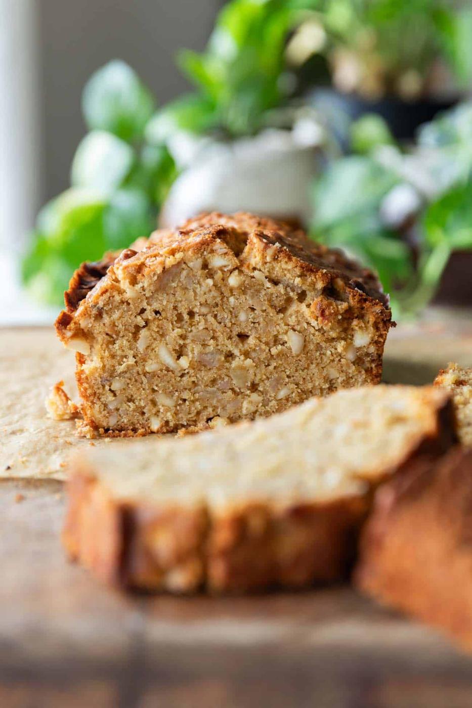 A picture of sliced Brown Butter Banana Bread taken from the top.