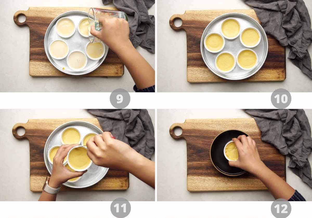 Step by step picture collage showing how to make Caramel Custard