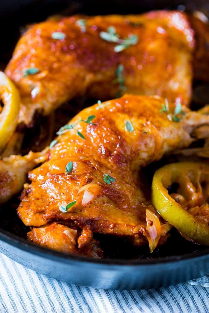 Insanely delicious 5 ingredient, gluten free and super juicy caramelized onion, thyme and lemon chicken legs which takes 30 minutes and only one pan.