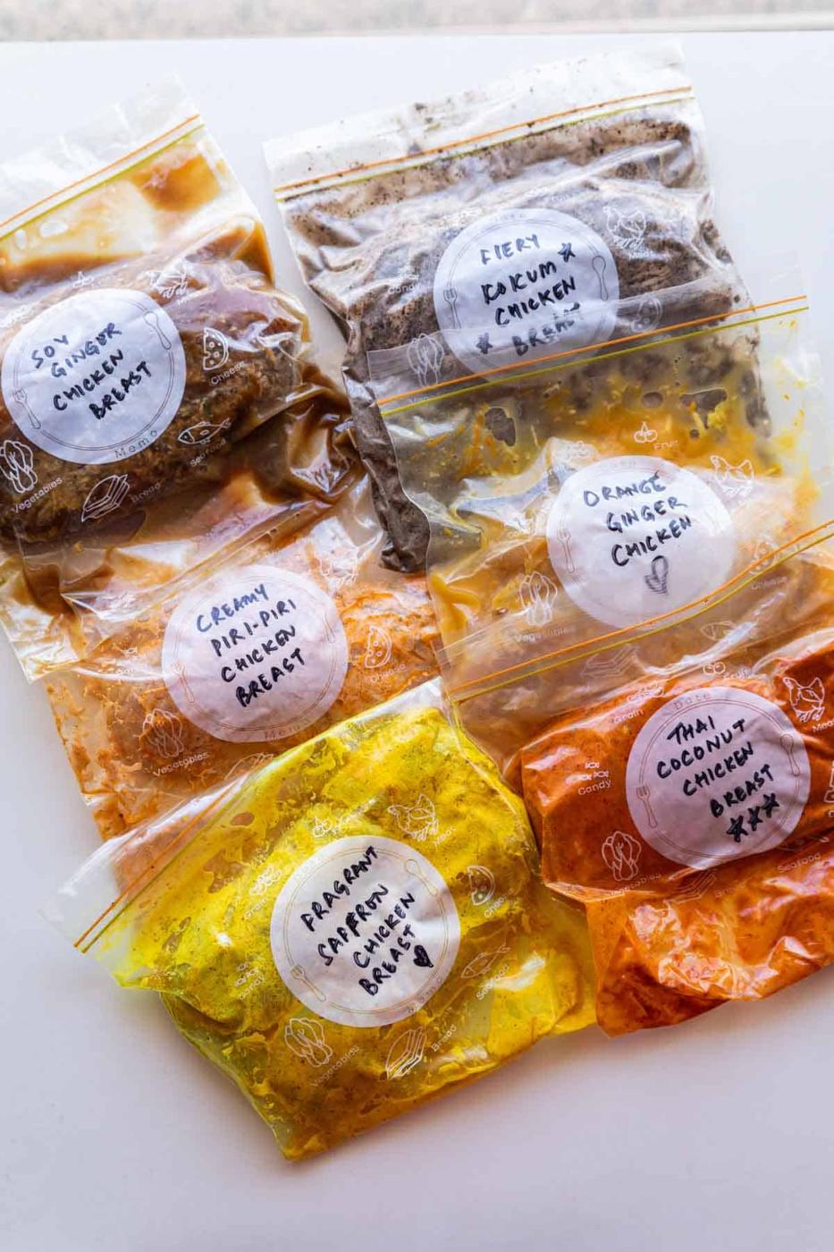 6 marinated chicken breasts stored in labelled zip lock bags