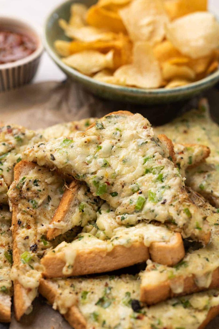 Chilli cheese garlic toasts straight from the pan on a platter