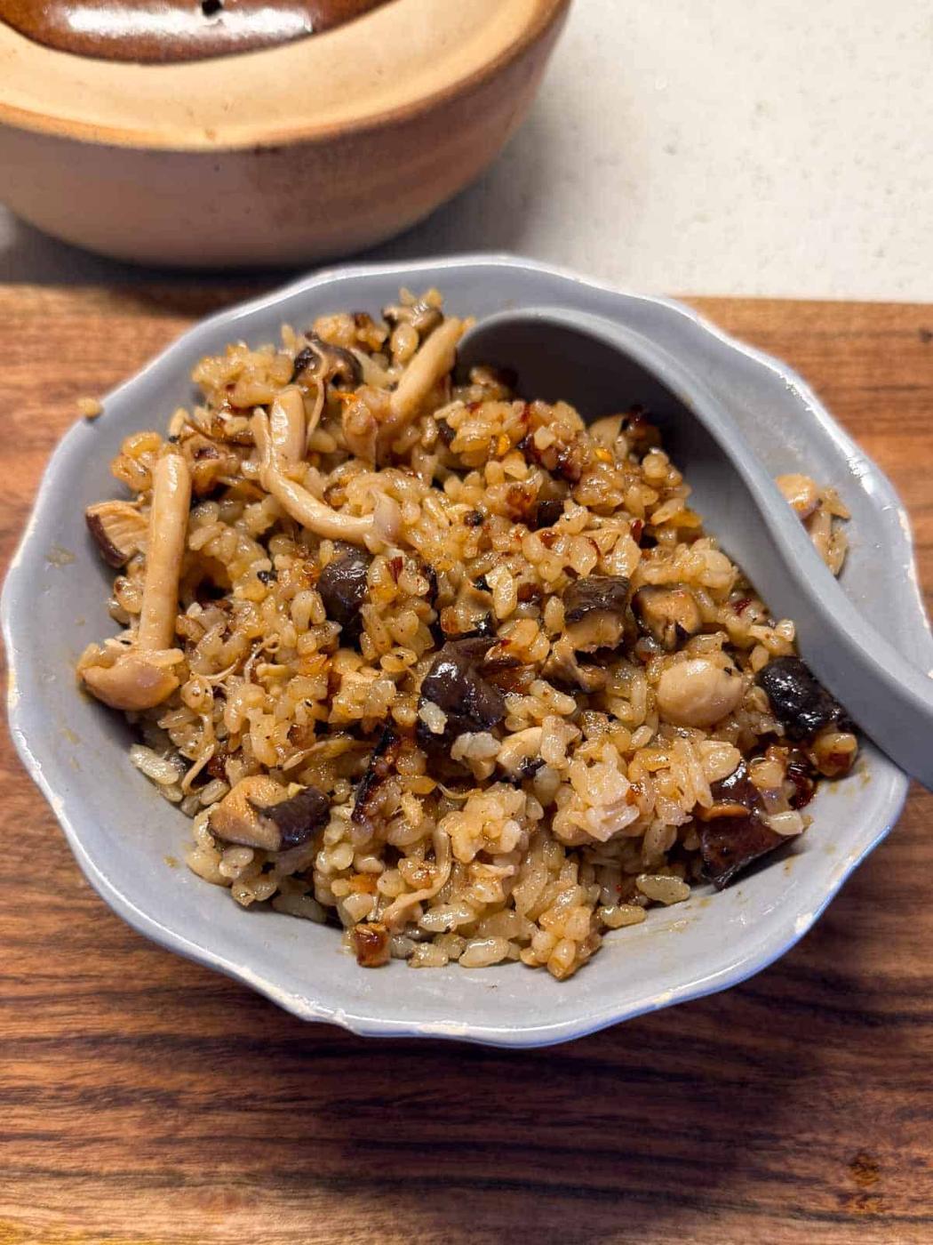 close up image of claypot mushroom rice to showcase its color and texture
