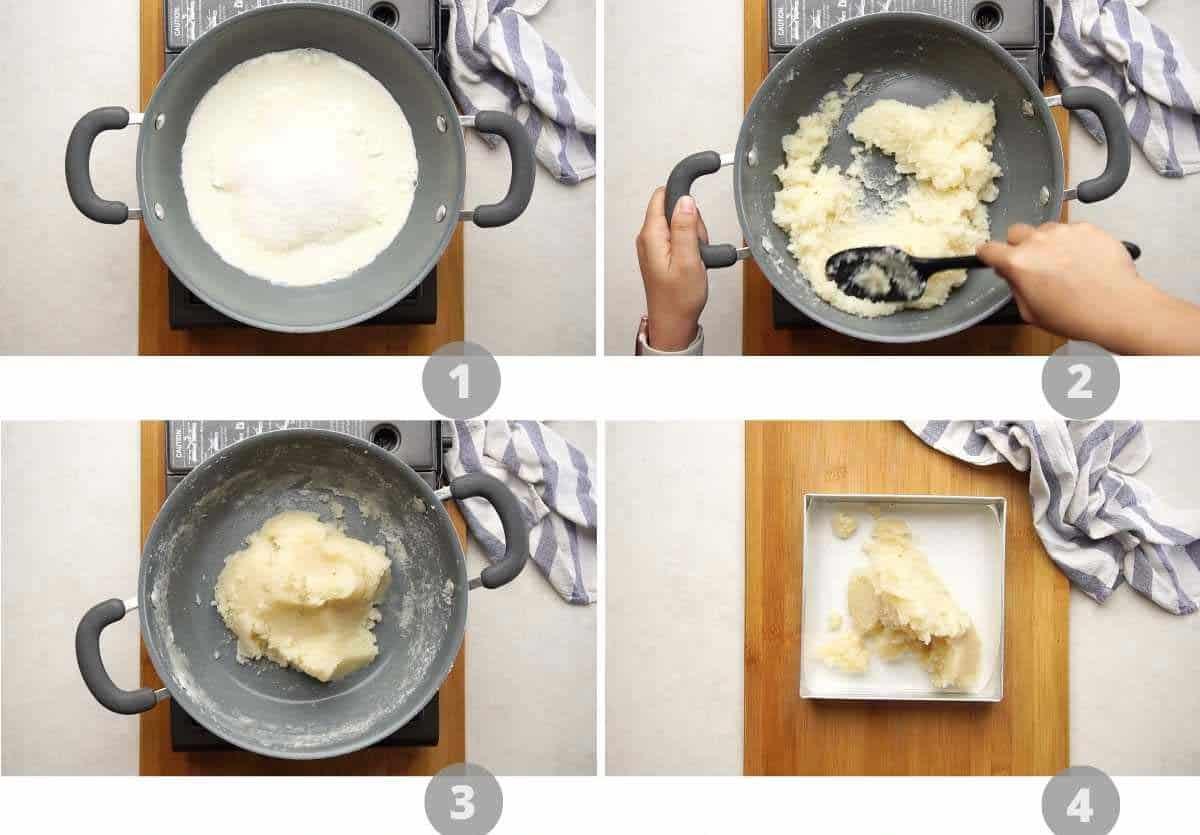 Step by step picture collage showing how to make coconut barfi