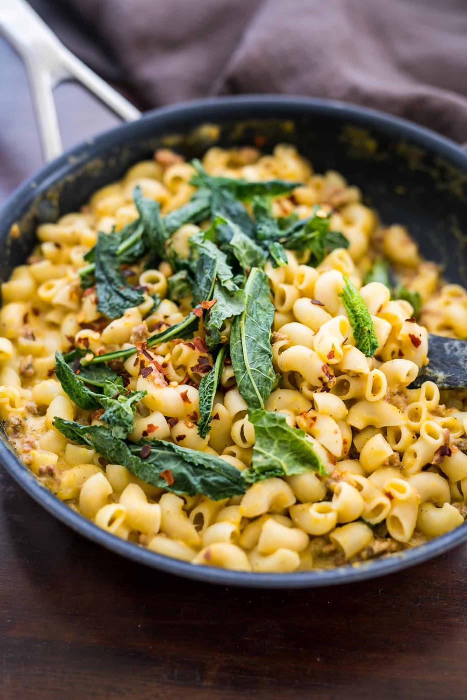 Creamy Pumpkin Sausage Mac and Cheese with Kale (Video Recipe)