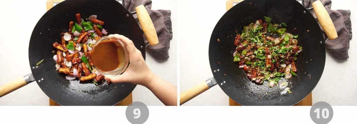 Step by step picture collage showing how to make babycorn chilli