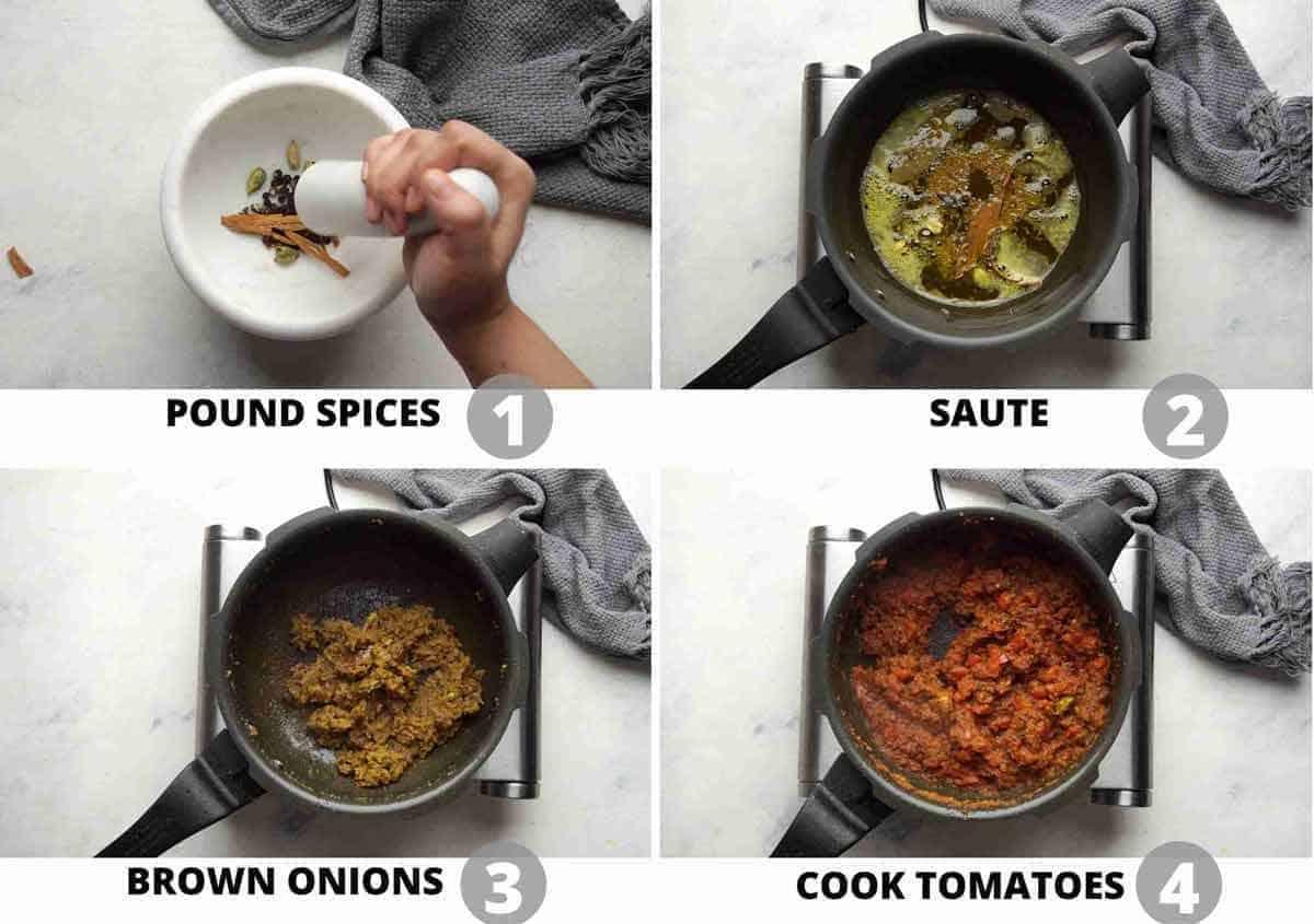Step by step collage showing how to prepare the curry