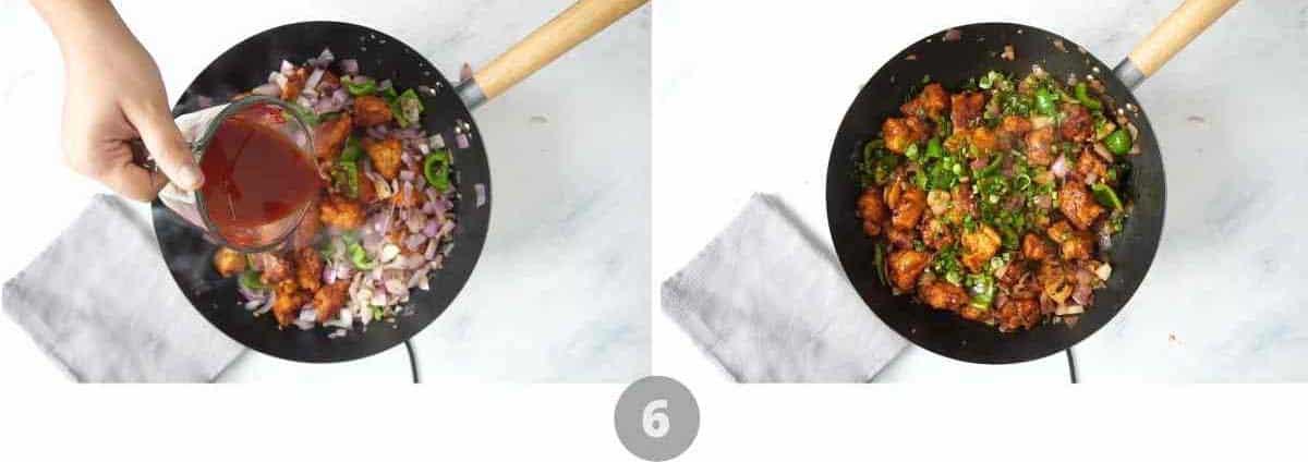 Step by step picture collage showing how to add sauce and finish cooking the chilli chicken