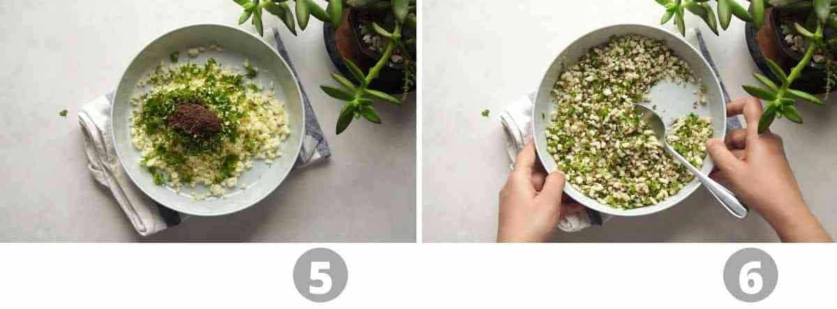 Step by step picture collage showing how to make the stuffing for garlic cheese kulcha