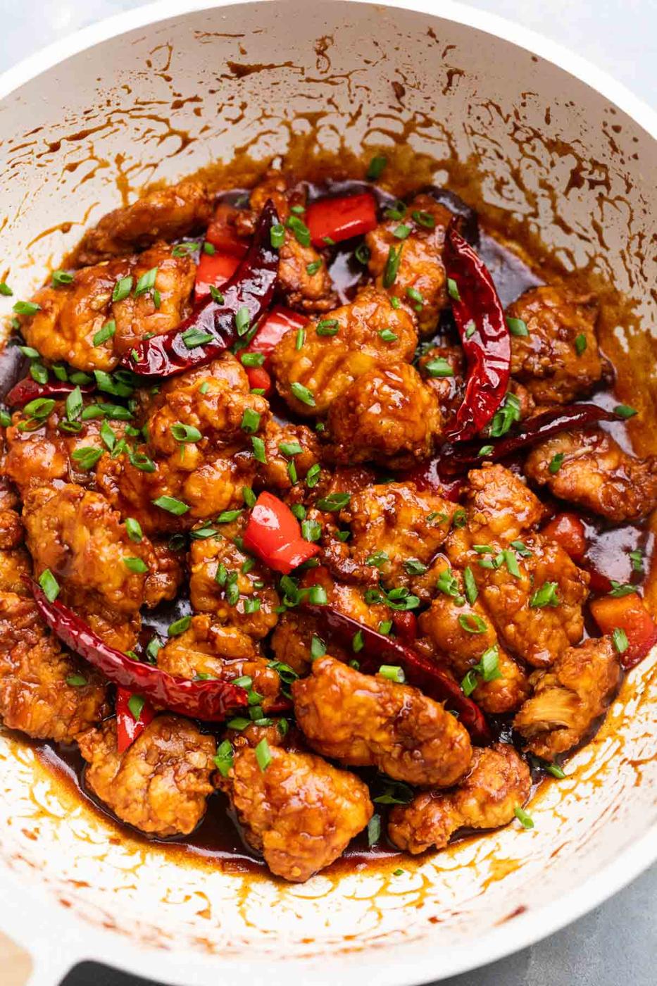 air fryer general tso's chicken freshly made still in the frying pan