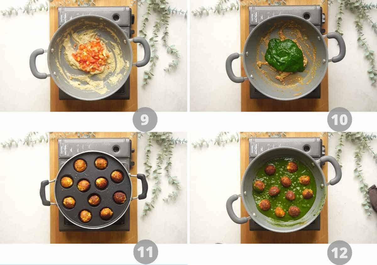 Step by step picture collage showing how to make Palak Paneer Kofta