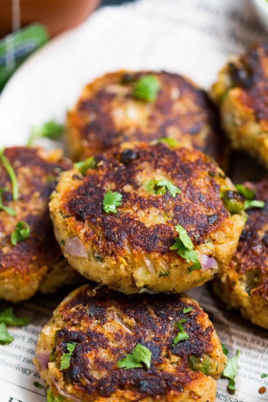 close up of stacked aloo paneer tikki