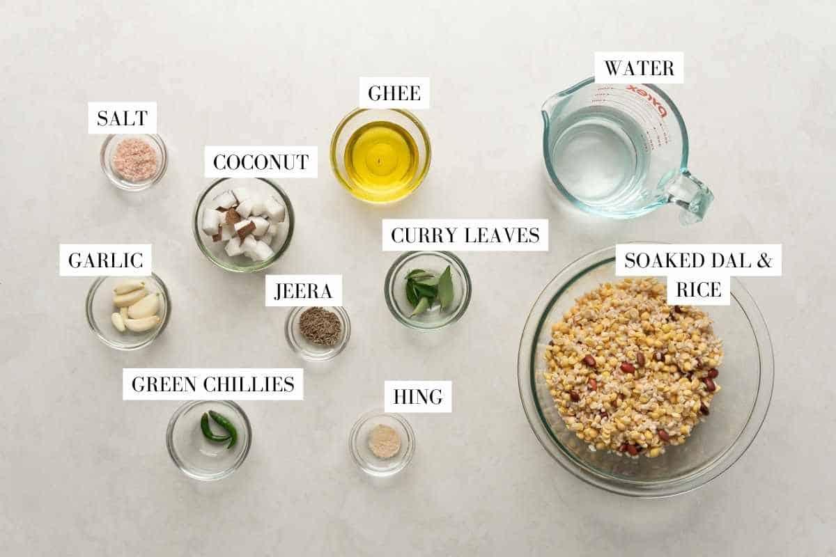 Ingredients for high protein dosa laid out with text to identify them