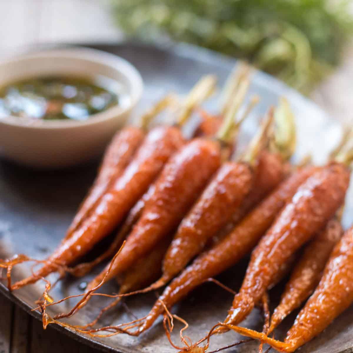 Honey Ginger Roasted Carrots with Carrot Greens Chimichurri