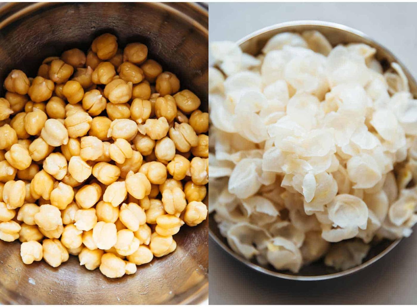 Chickpeas peeled for hummus with skin on the side