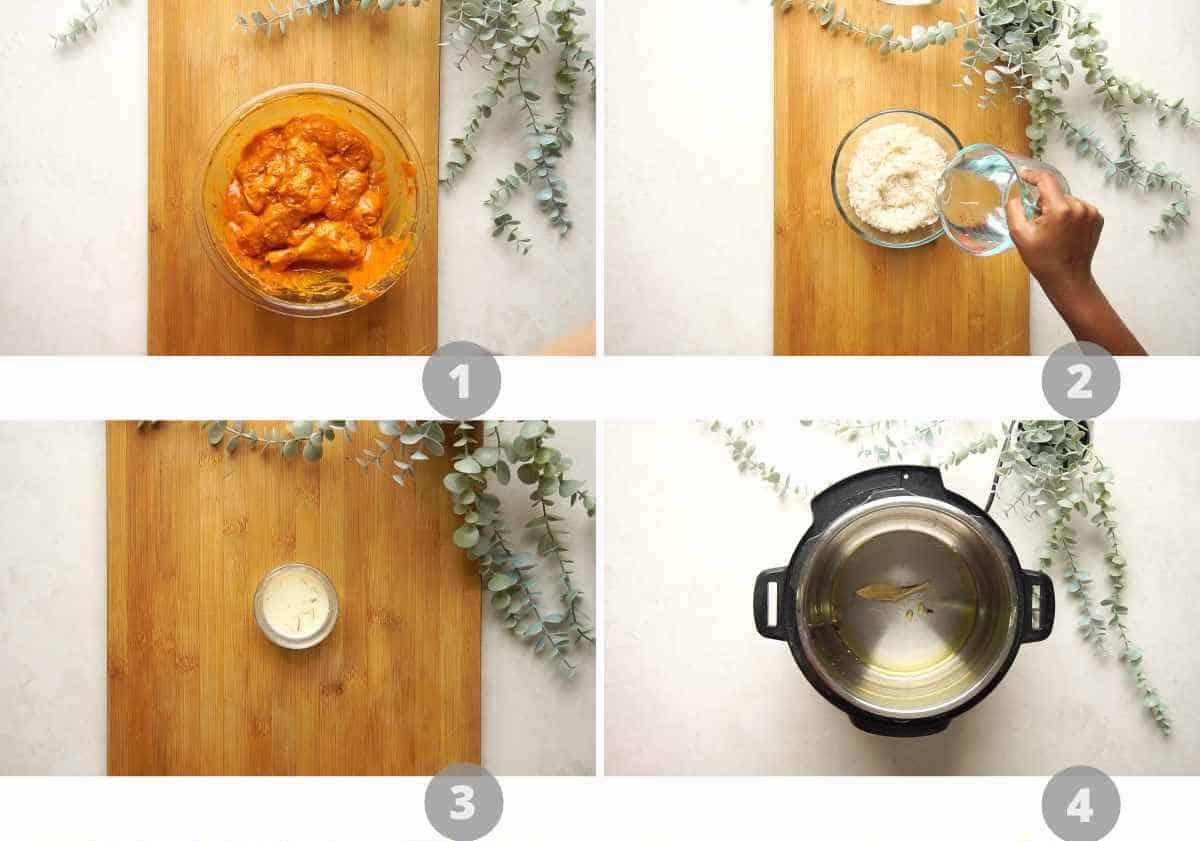 Step by step picture collage showing how to make instant pot chicken biryani