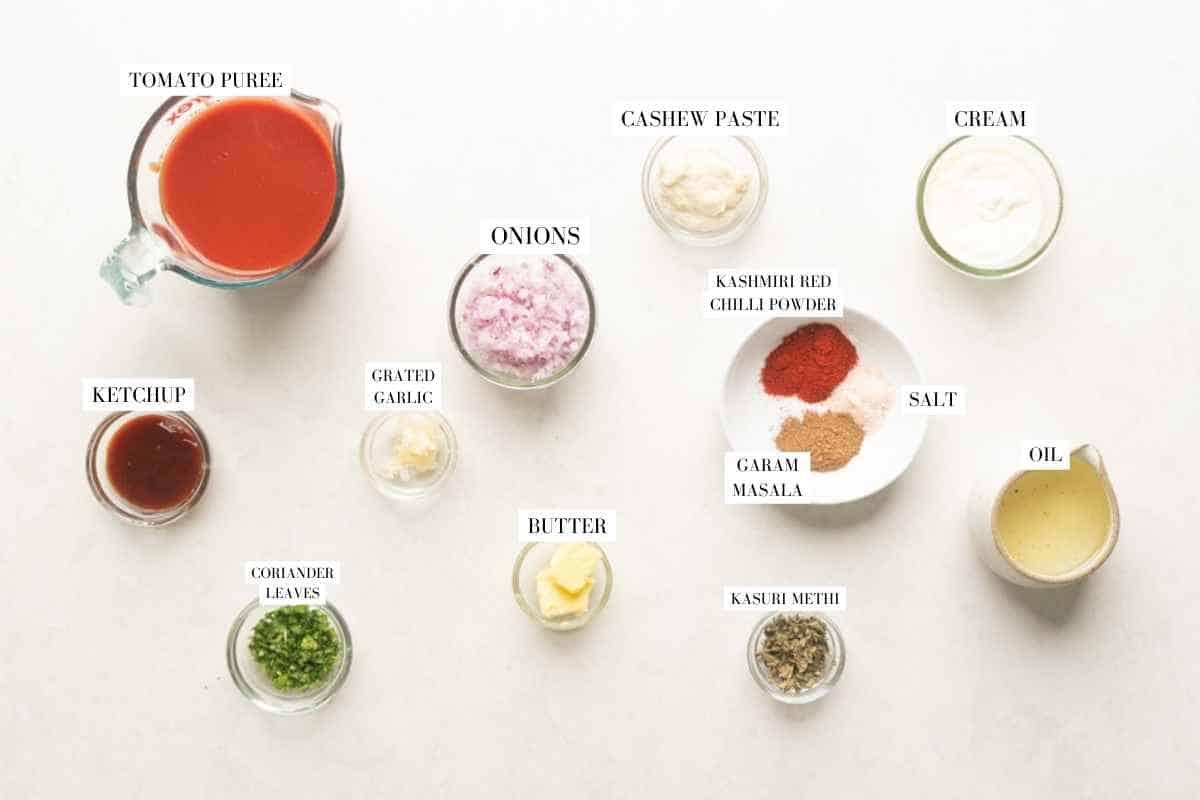 Picture of all the ingredients for Instant Pot Chicken Tikka Masala with text to identify them