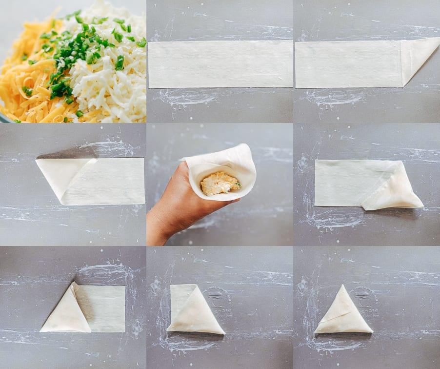 Super cheesy jalapeno three cheese samosas are sure to become a favourite because who can resist gooey stringy cheese stuffed in crispy samosa wrappers! These vegetarian samosas have a filling of mozzarella, cream cheese, smoked cheddar and jalapenos and folding them is really easy too.