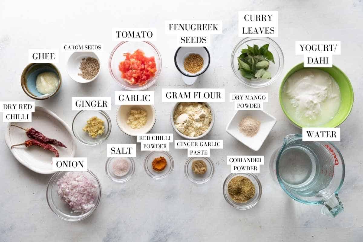 ingredients for kadhi pakoda with text overlay