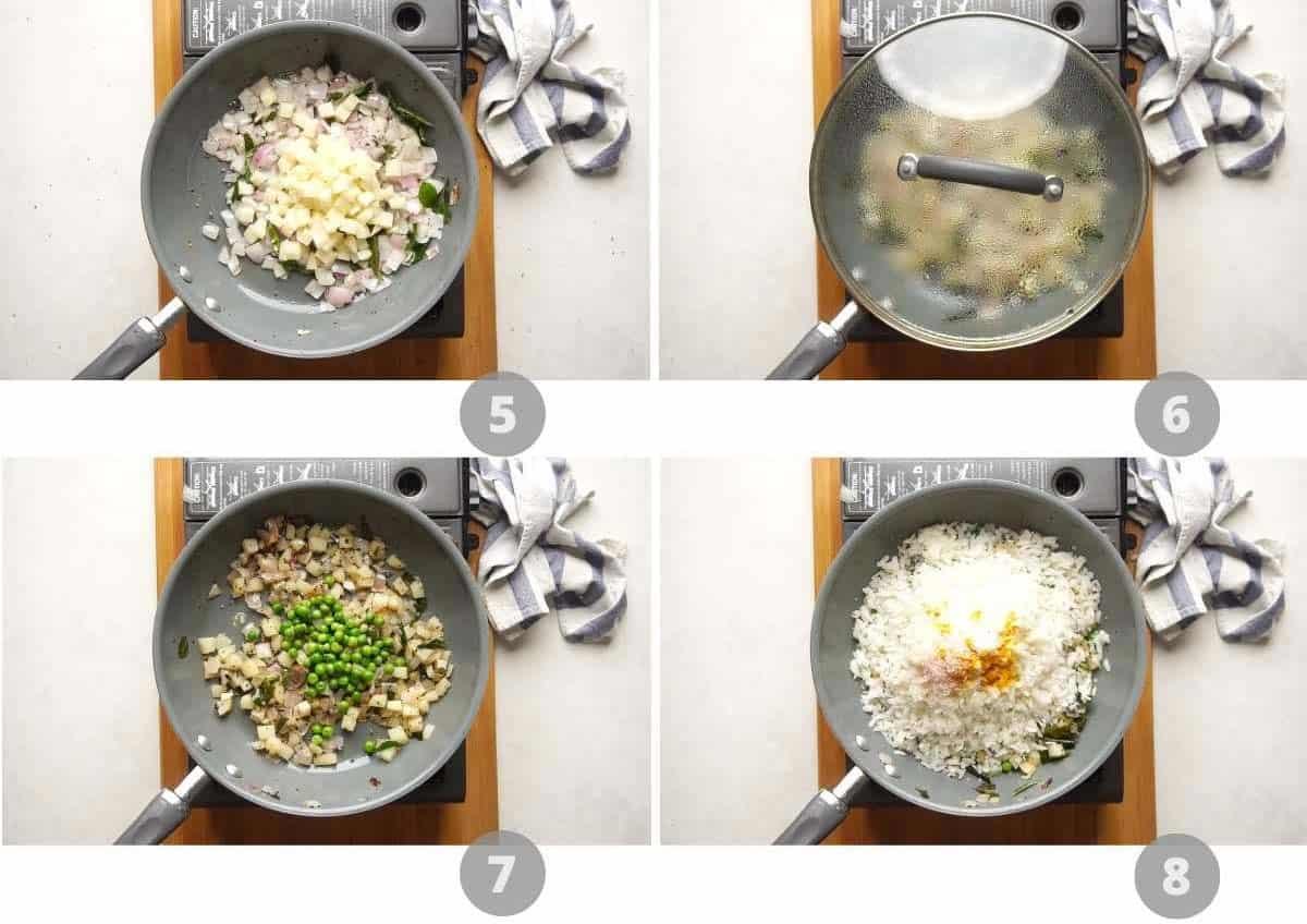 Step by step picture collage showing how to make Kanda Batata Poha