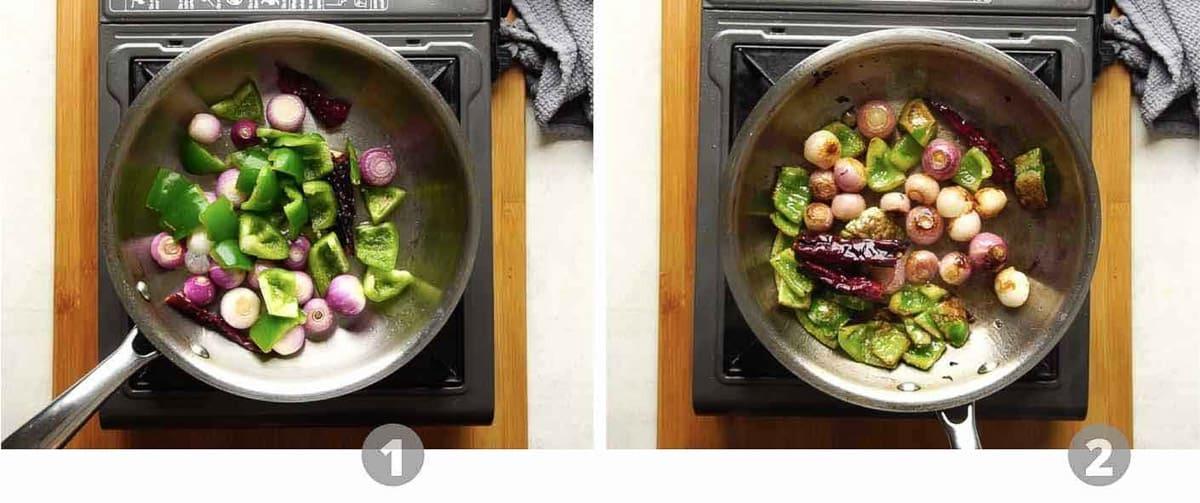 Roasting onion and capsicum in a pan