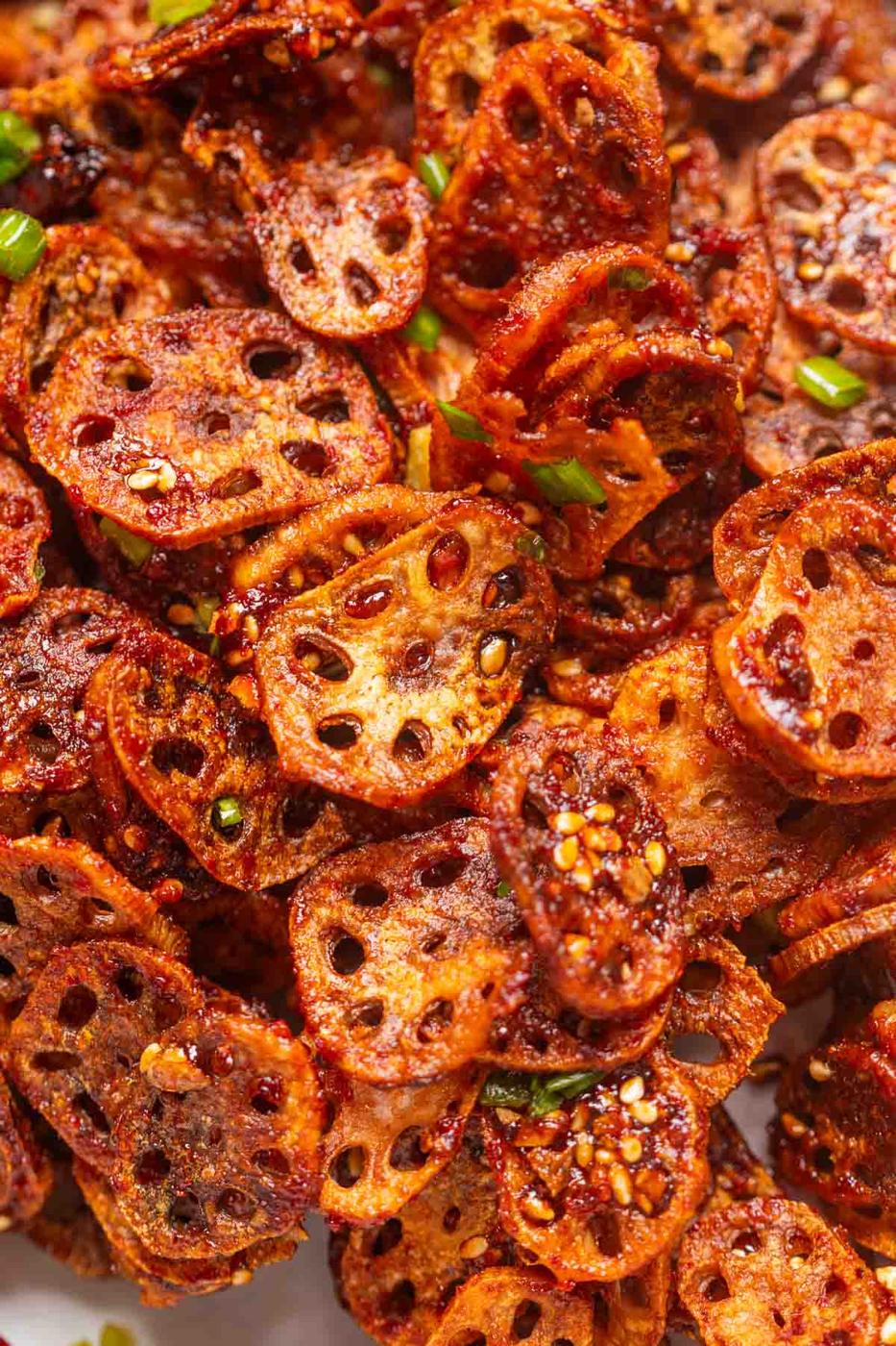 close up image of Korean crispy lotus stem to show it's thin and crispy texture