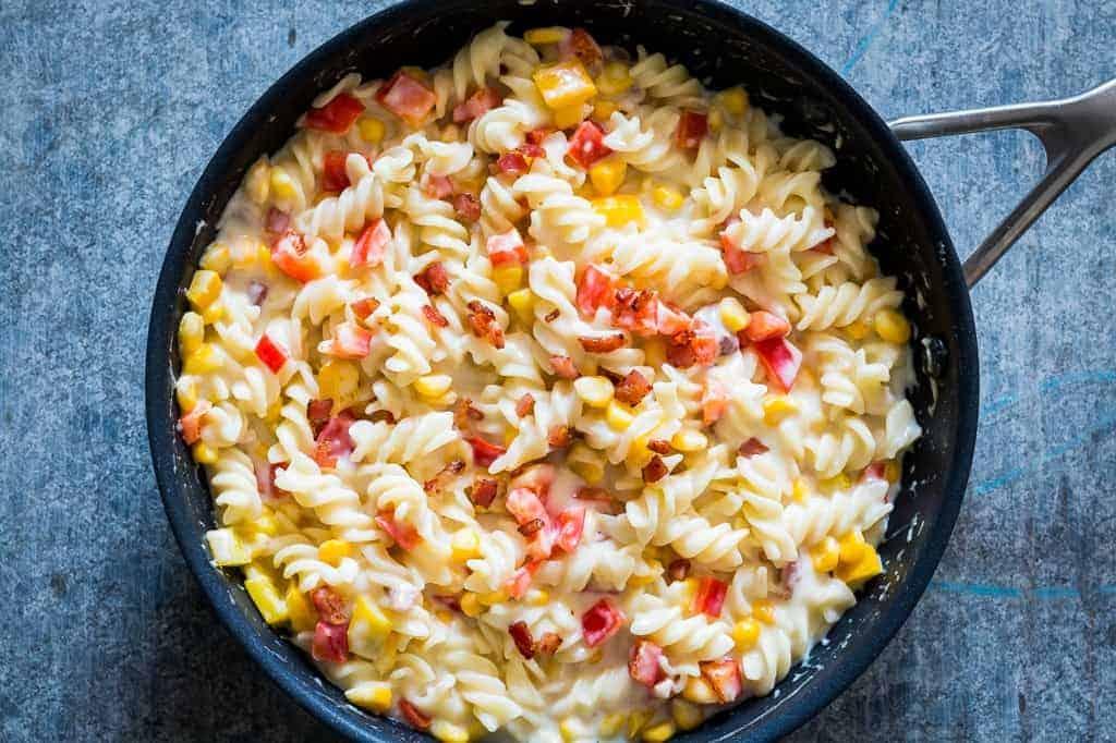 Lighter Creamier Corn Pepper Fusilli Alfredo