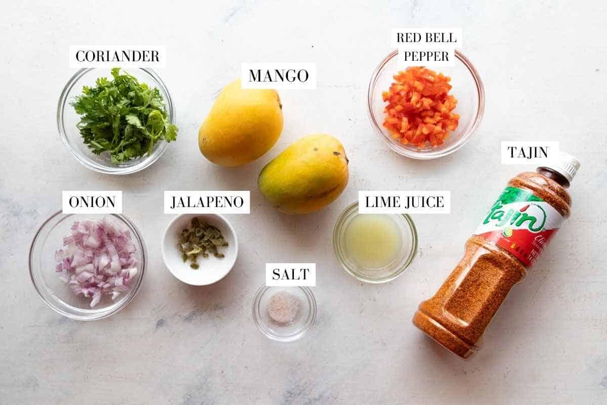 Ingredients for mango salsa with text overlay