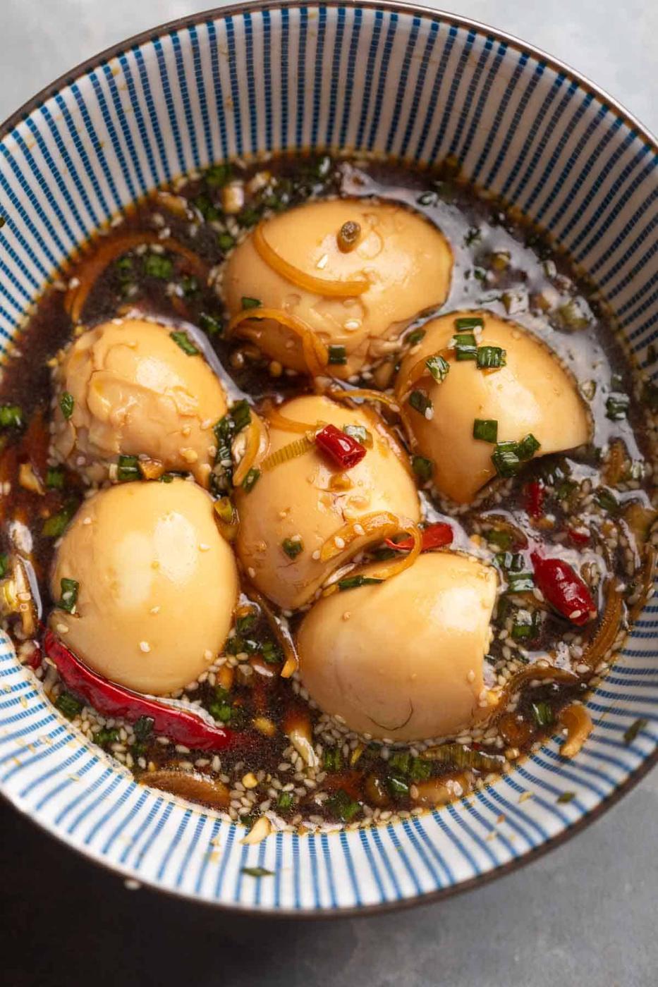 Mayak eggs in a bowl