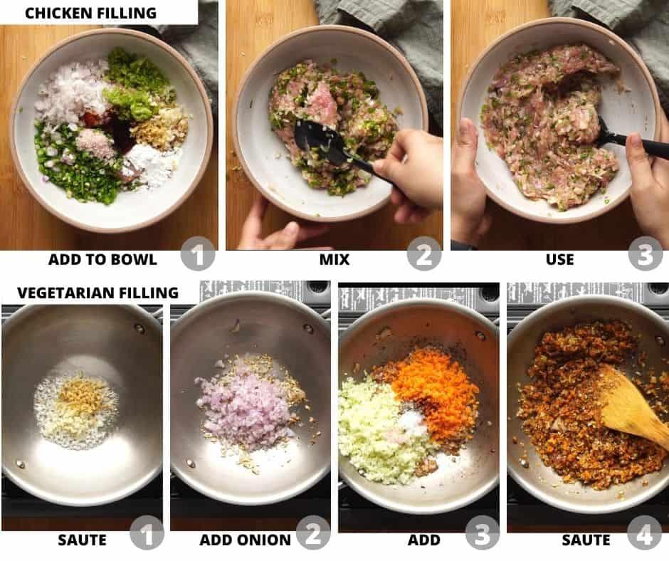 Step by step instructions to show how to mmake chicken and vegetarian filling for momos