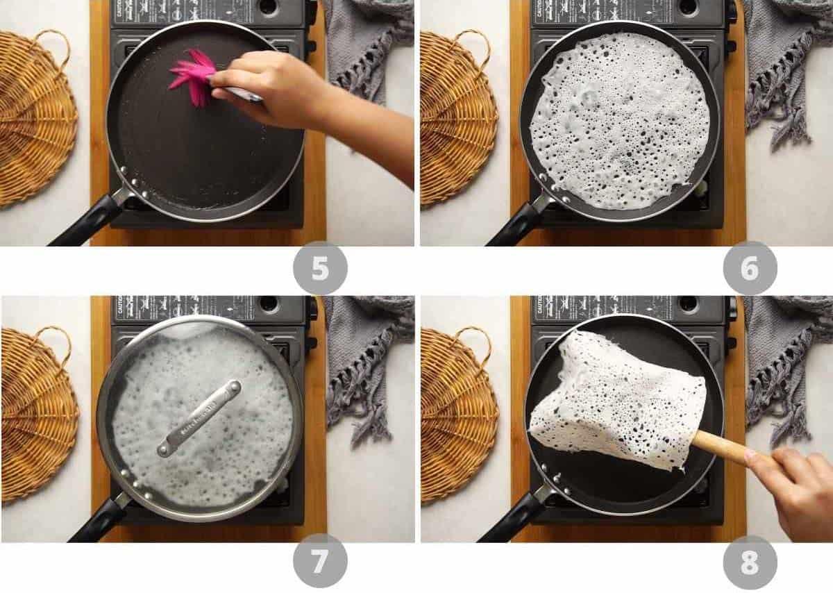 Step by step picture collage showing how to make neer dosa