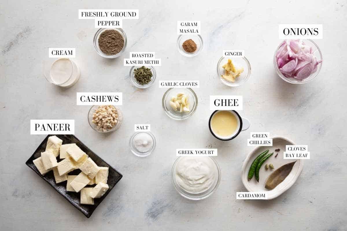 Picture of all the ingredients for paneer kali mirch with text to identify them