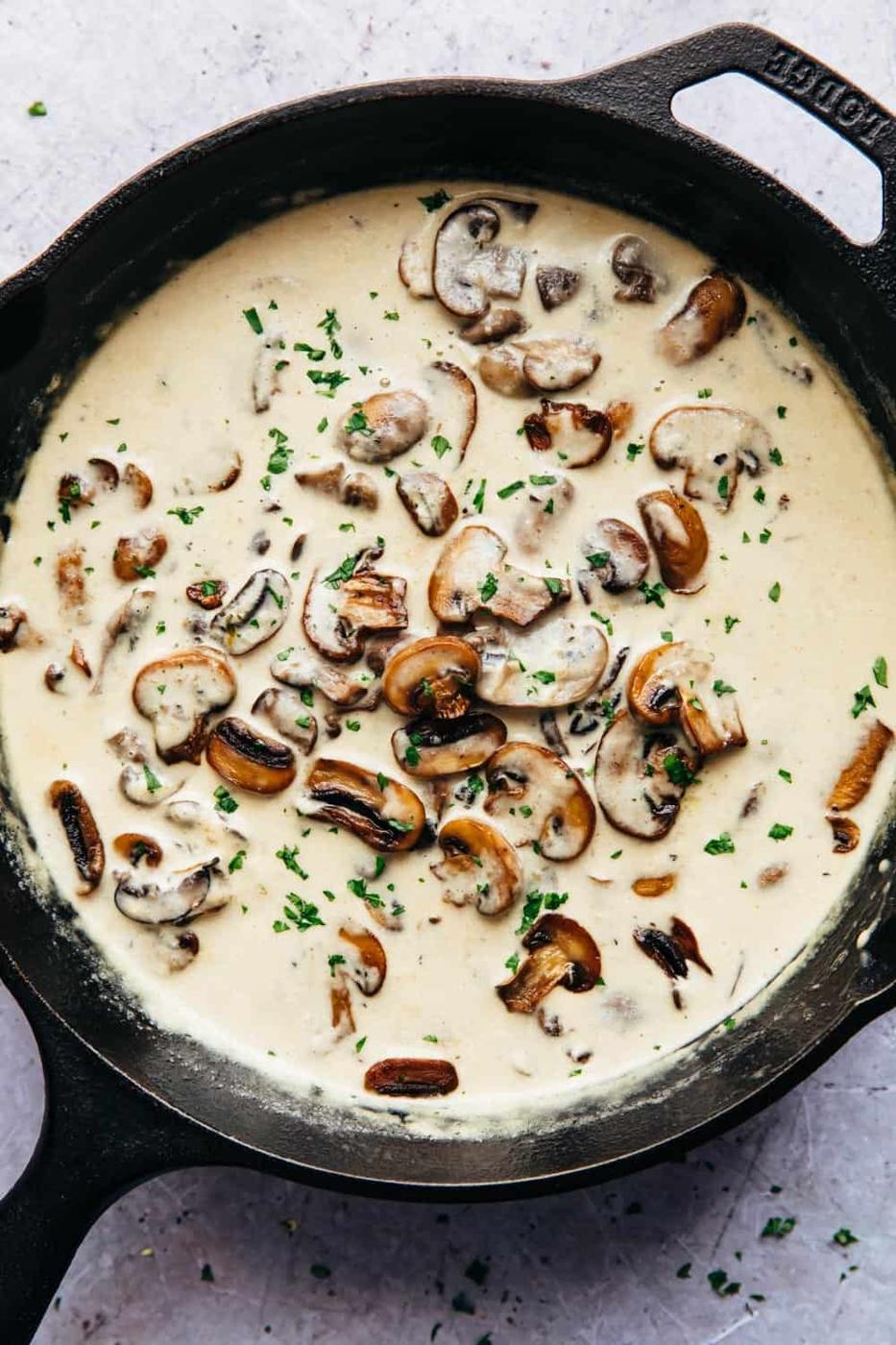 Creamy parmesan mushroom sauce in the pan, ready to be served