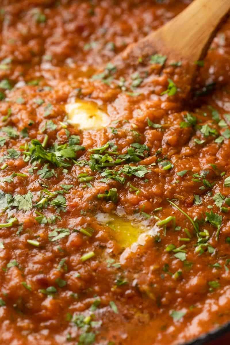Closeup of pav bhaji to show the buttery texture