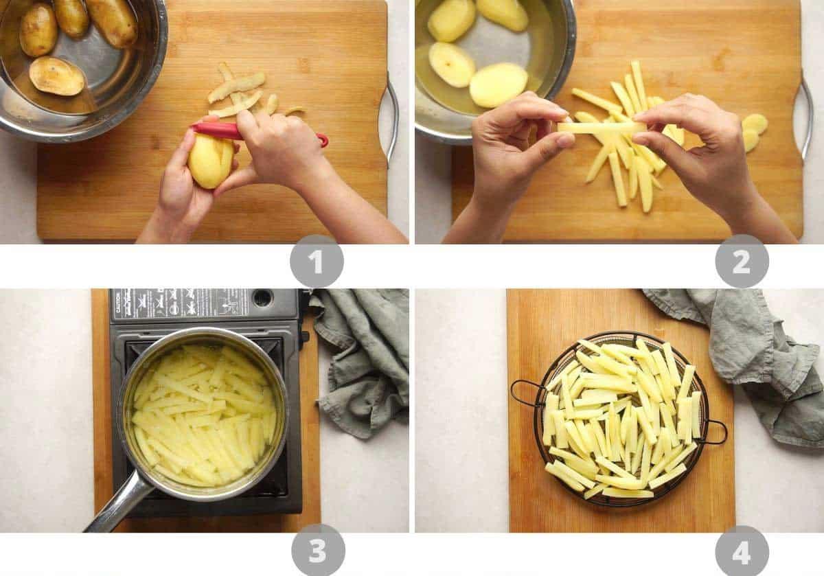 Step by step picture collage showing how to make french fries