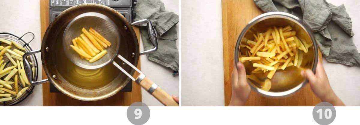 Step by step picture collage showing how to make french fries