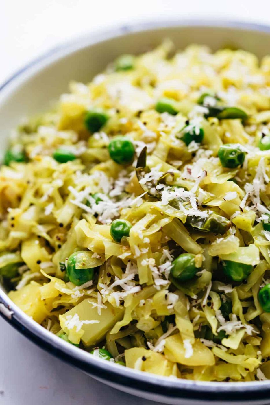 Close up of potato cabbage fry served in a bowl