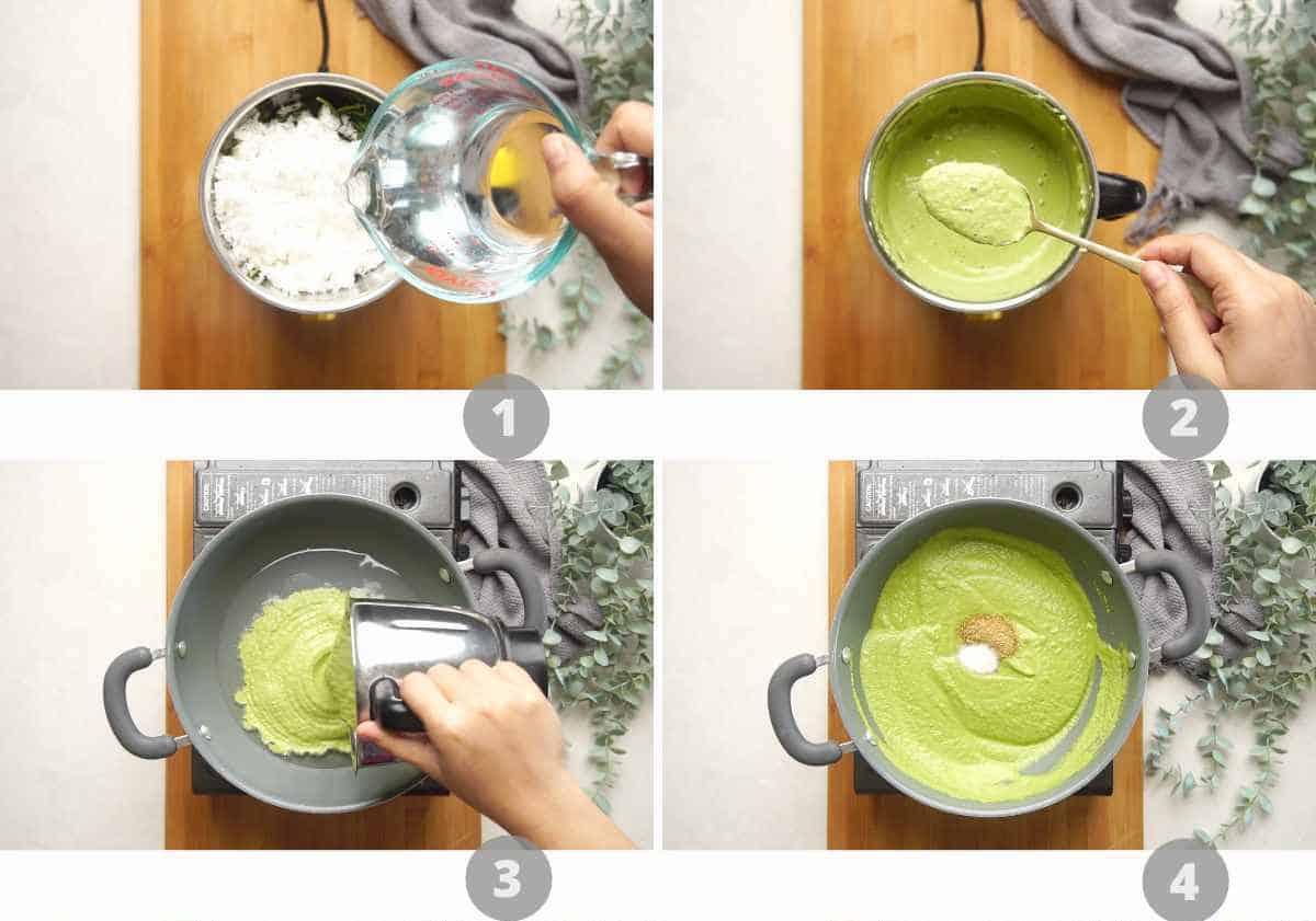step by step image collage showing how to make prawn green curry