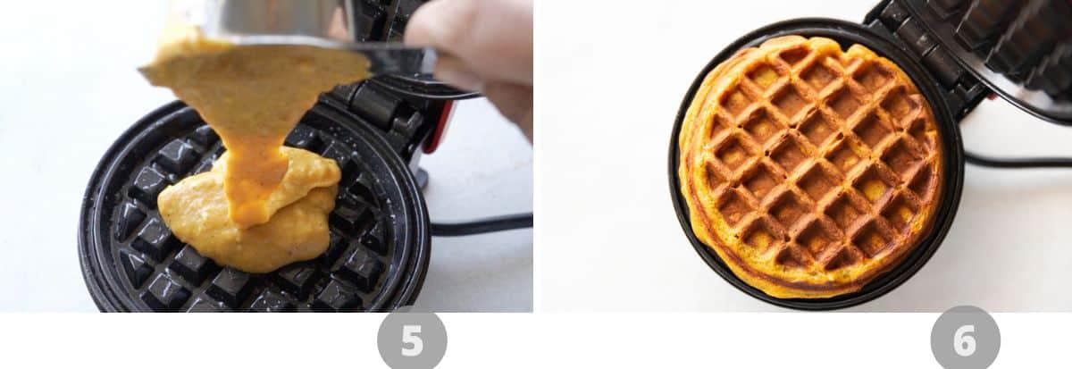 Step by step picture collage showing how to make pumpkin waffles