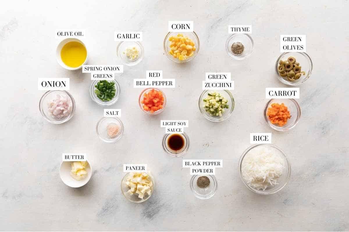 Picture of all the ingredients for Rainbow Rice with text to identify them